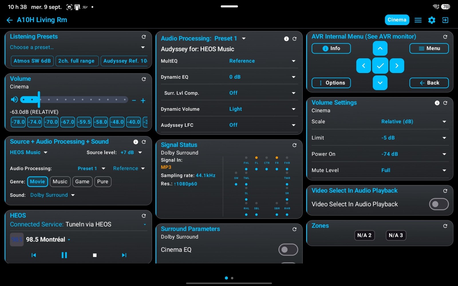A YODiM dashboard on a tablet: volume, Audyssey, signal status and the receiver menu side by side