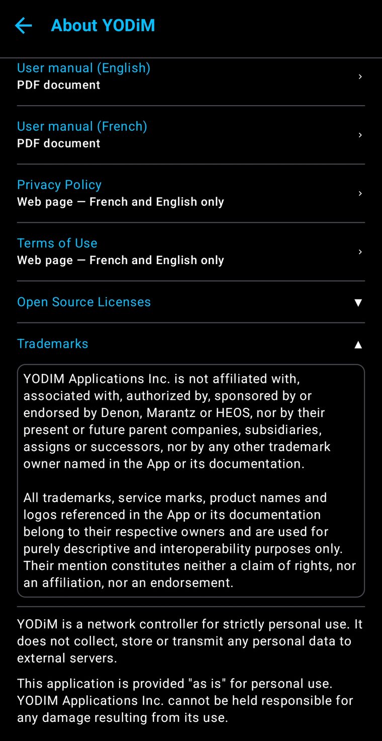 The About screen on a phone: user manuals, privacy policy, terms of use and trademarks