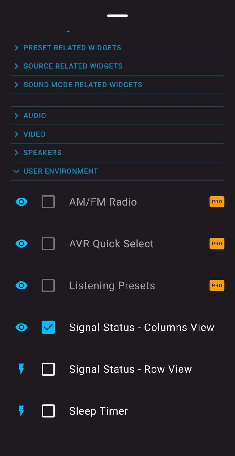 The widget catalogue on a phone, sorted by family, with what each model supports